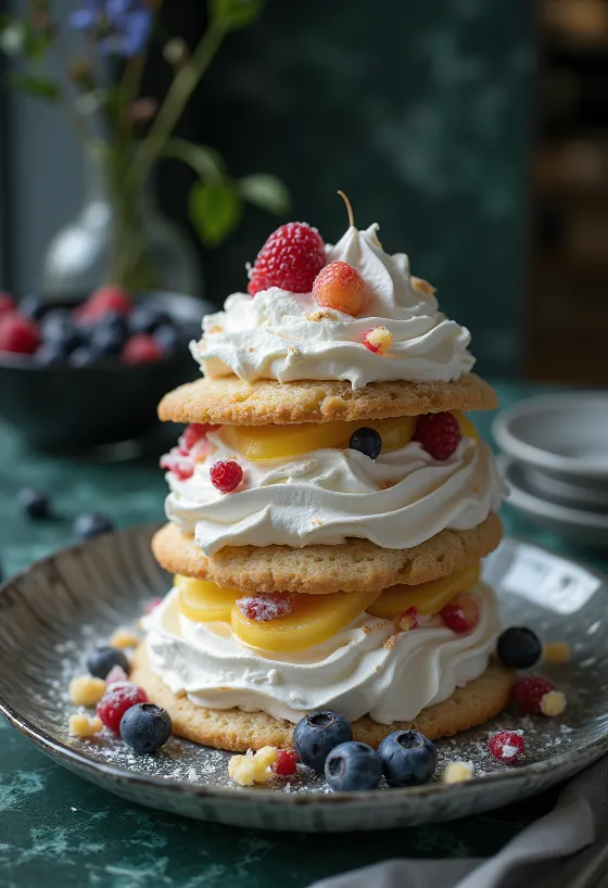 Tort cu bezea decorat cu fructe