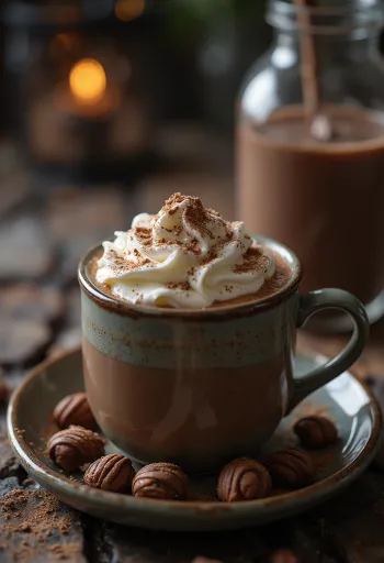 Cacao cu spumă decorată cu frișcă și așchii de ciocolată