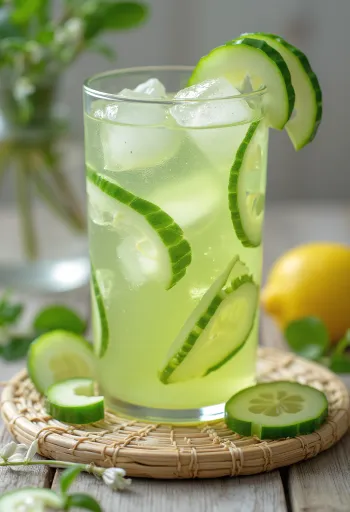 Limonadă proaspătă cu castraveți în pahar cu mentă și gheață