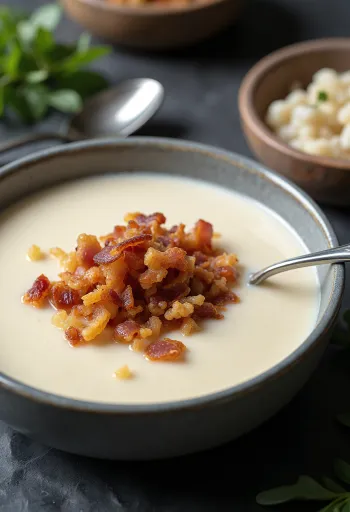 Supă cremă de conopidă cu bacon servită