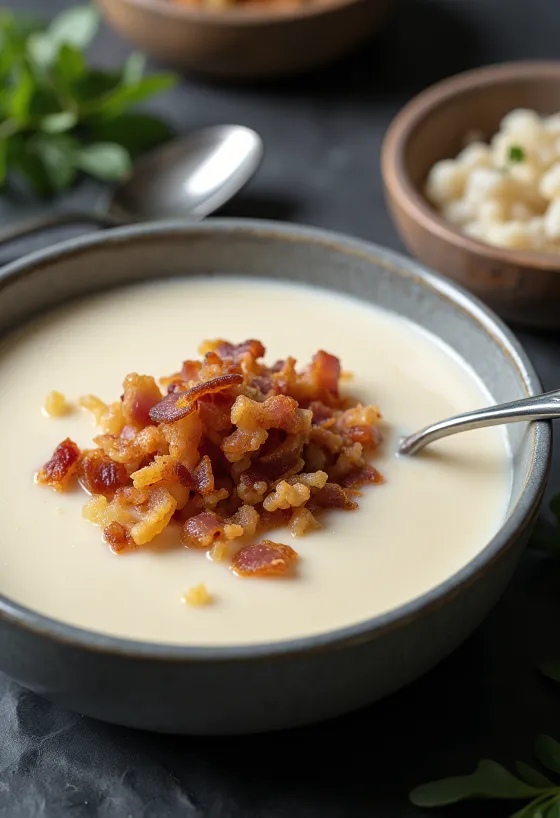Supă cremă de conopidă cu bacon servită