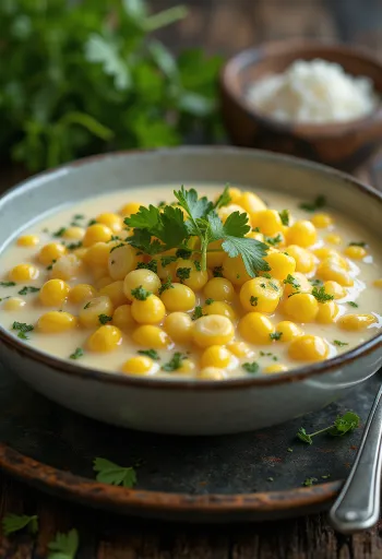 Chè cu porumb, servit cu lapte de cocos și vanilie, decorat cu coriandru proaspăt