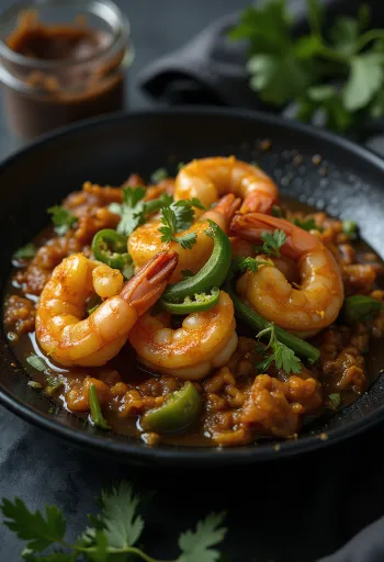 Chingri bhuna cu chili verde, raci picanți și coriandru proaspăt