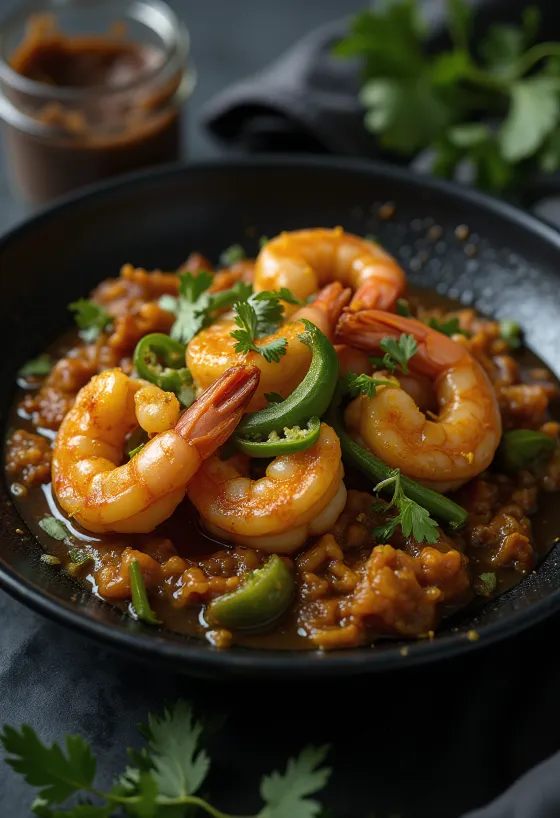 Chingri bhuna cu chili verde, raci picanți și coriandru proaspăt