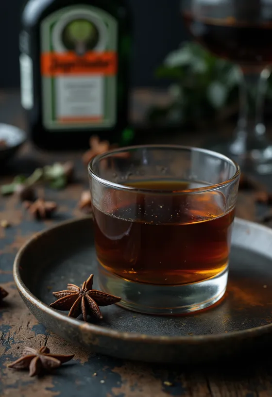 Jägermeister de casă servit în sticlă