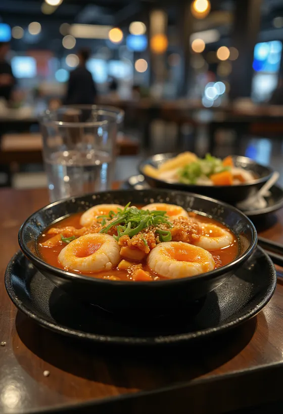 Kimchi tteokbokki - prăjituri de orez coreene servite cu kimchi picant și semințe de susan