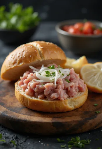 Mettbrötchen, carne crudă de porc pe chiflă cu ceapă roșie