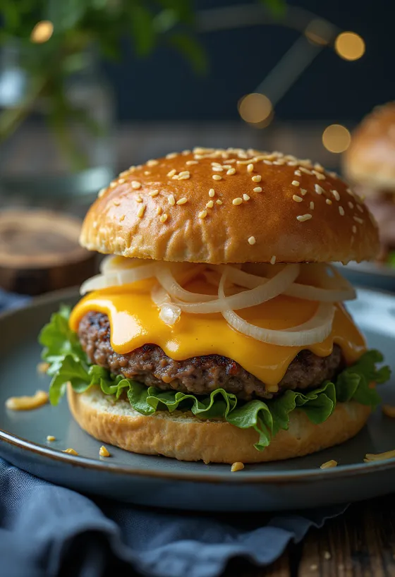 Burger cu brânză Cheddar cu chiftea suculentă și brânză topită