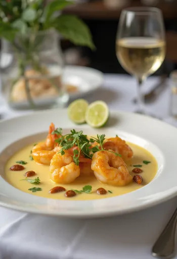 Chingri malai cu garam masala servit, cu coriandru proaspăt și zeamă de lime