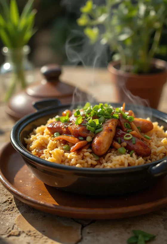 Orez în vas de lut servit cu pui și ciuperci