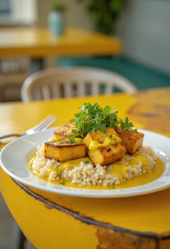 Tofu la grătar cu quinoa și curry cu tahini servit