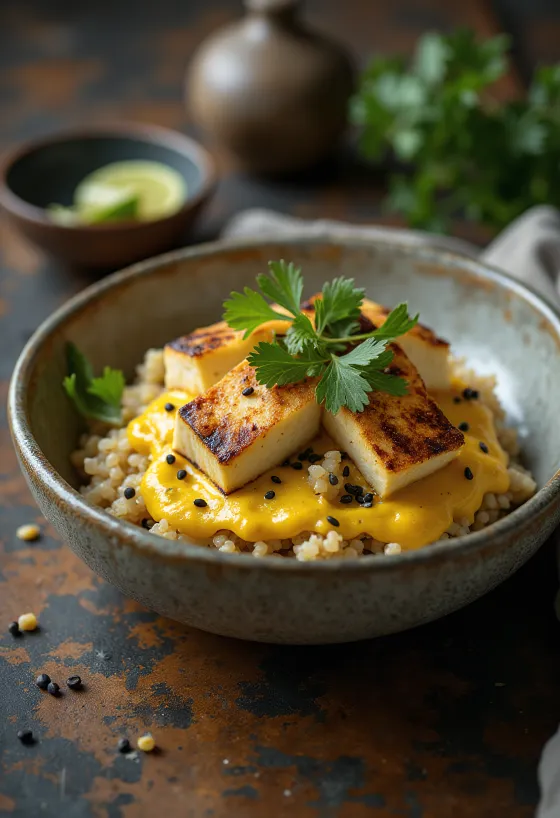 Tofu la grătar cu quinoa și tahini cu curry și lime servit
