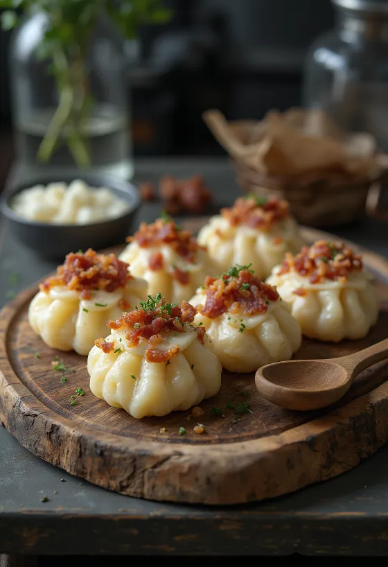 Strapatska cu brânză de oaie servită cu smântână și slănină prăjită.