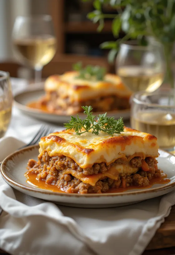 Moussaka cu carne tocată, cu straturi de carne și brânză