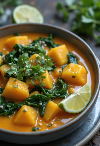 Curry de dovleac cu spanac servit