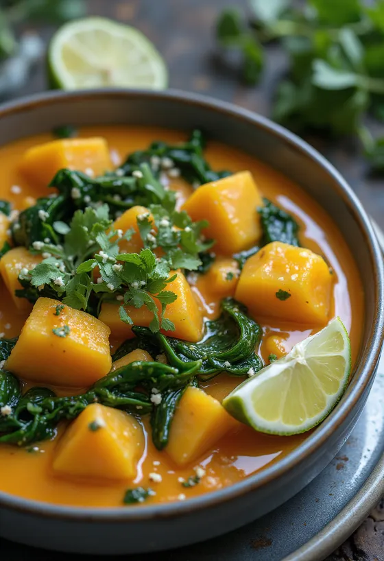Curry de dovleac cu spanac servit