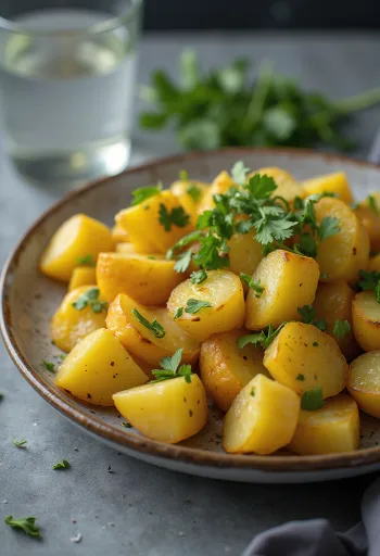 Aloo Tindora Sabzi în bol, decorat cu coriandru proaspăt