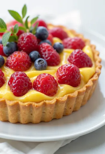 Crostata cu cremă de vanilie și fructe proaspete, servire rustică