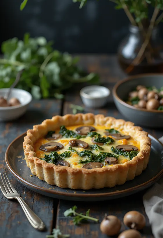 Quiche cu ciuperci și spanac proaspăt copt