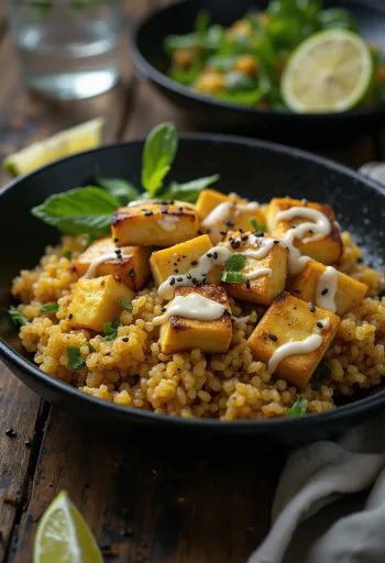Wok de tofu la grătar cu quinoa și tahini cu curry servit