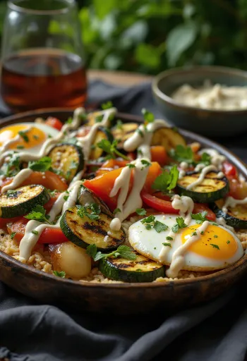 Legume la grătar cu sos tahini, decorate cu pătrunjel