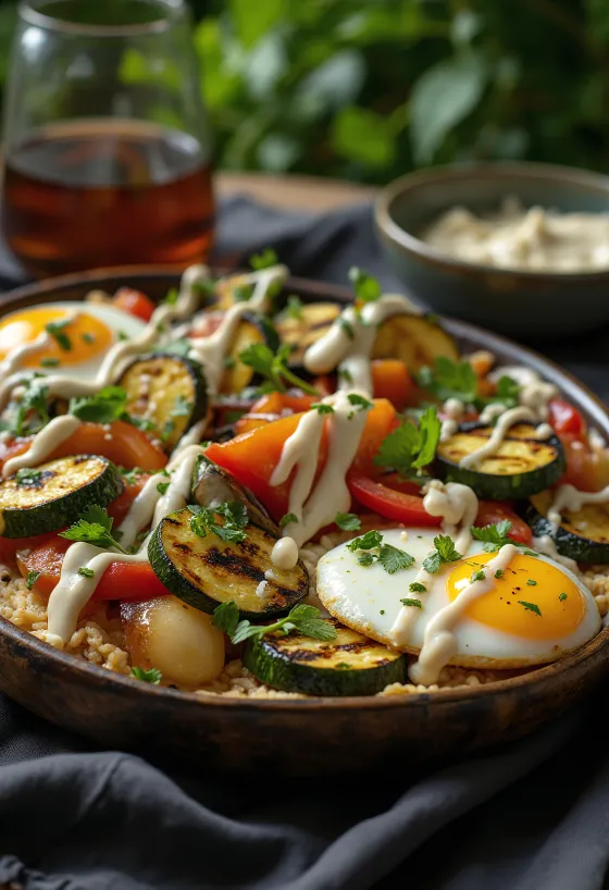 Legume la grătar cu sos tahini, decorate cu pătrunjel