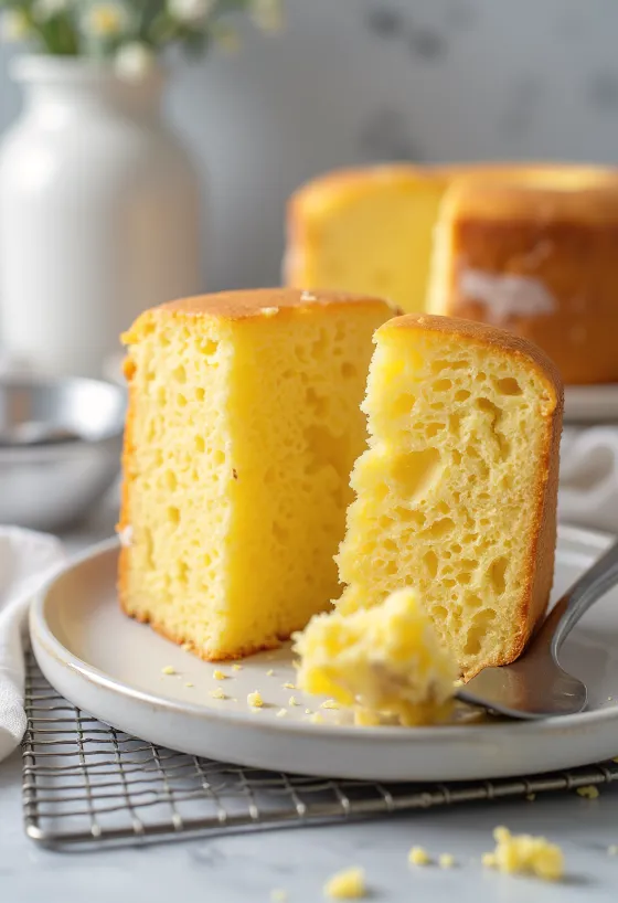 Pandișpan de casă tăiat felii, cu strat superior auriu