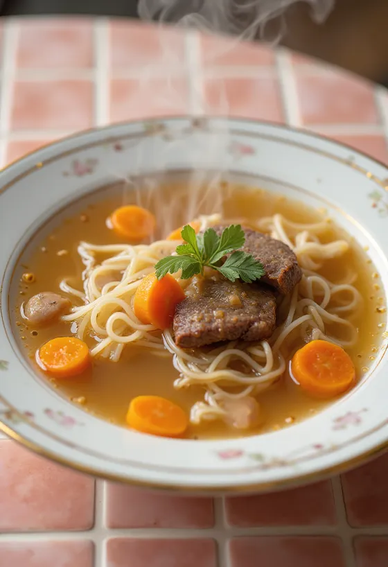 Supă de carne servită cu legume proaspete și tăieței