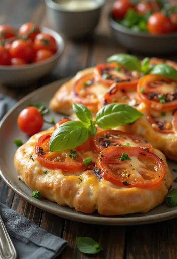 Khachapuri cu roșii, turte cu brânză proaspete, aurii, cu felii de roșii