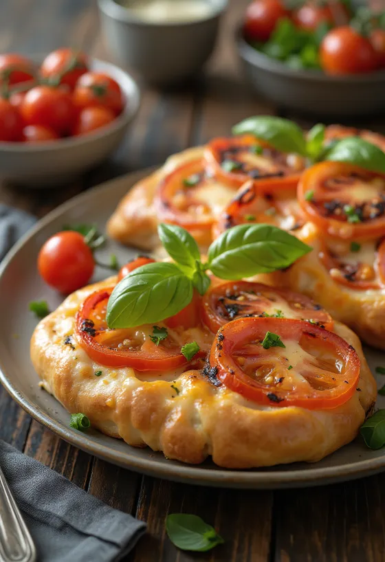Khachapuri cu roșii, turte cu brânză proaspete, aurii, cu felii de roșii