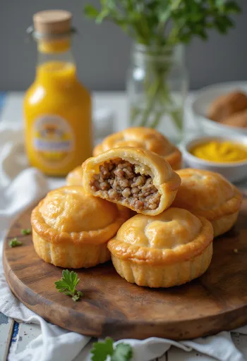 Lihapiirakka cu orez fiert, în aluat maro-auriu, servită