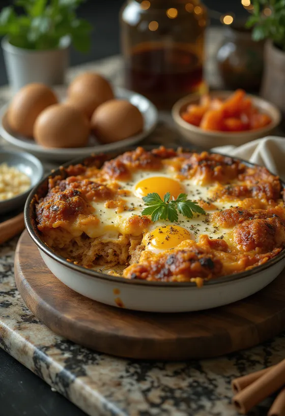Moussaka condimentată, cu straturi de carne și brânză de vaci