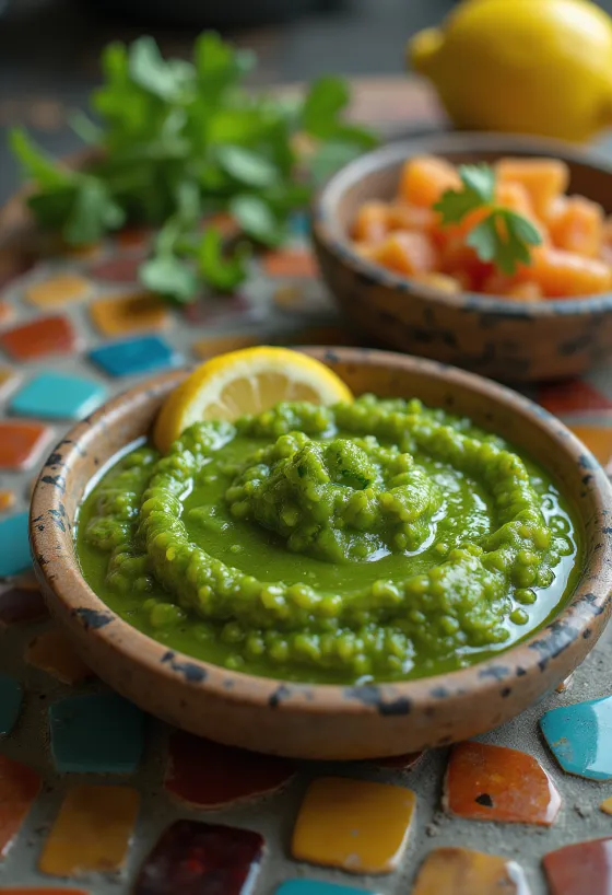 Chutney de coriandru servit, sos verde proaspăt