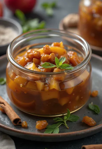 Chutney de mere cu scorțișoară servit lângă brânzeturi