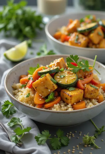 Wok de tofu la grătar cu bază de quinoa și curry