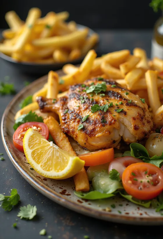 Farfurie Gyros servită colorat cu carne, cartofi prăjiți și legume proaspete