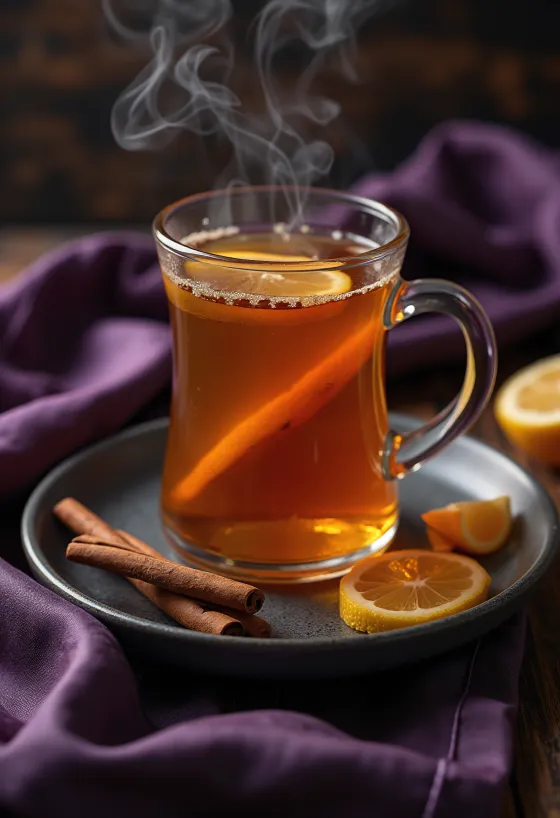 Băutură Hot Toddy decorată cu baton de scorțișoară și felie de lămâie