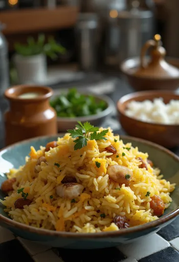 Kashmiri Pulao, orez bogat condimentat, cu migdale și stafide, servit cu coriandru proaspăt