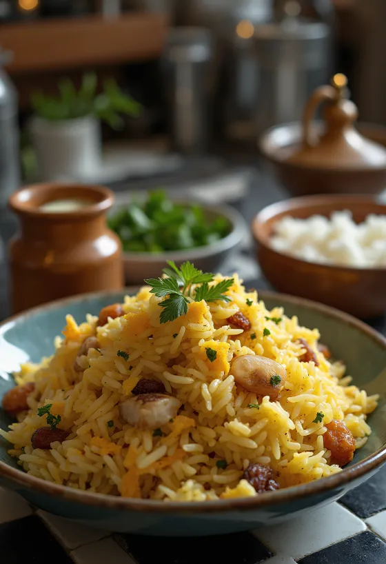 Kashmiri Pulao, orez bogat condimentat, cu migdale și stafide, servit cu coriandru proaspăt