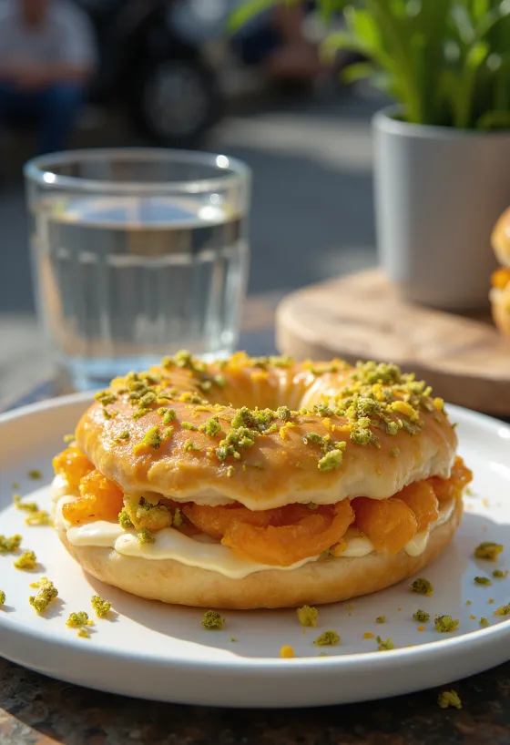 Bagel proaspăt copt cu flori de portocal și fistic