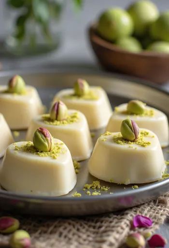 Sondesh cu fistic, brânză și apă de trandafiri, decorat cu fistic