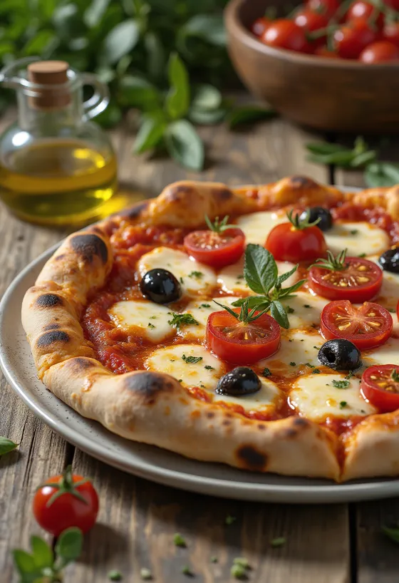 Pizza alla Barese cu roșii și măsline negre