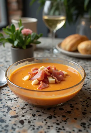 Salmorejo cu jamón serrano, supă proaspătă de roșii, servită cu ulei de măsline și boia afumată