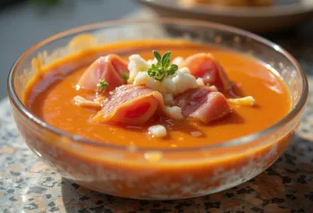 Salmorejo cu jamón serrano, supă proaspătă de roșii, servită cu ulei de măsline și boia afumată