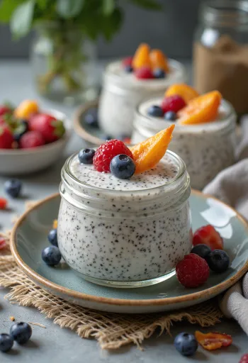 Panna cotta cu semințe de chia servită în pahar