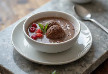 Tangyuan cu ciocolată, servit cu lapte de migdale, fructe proaspete și sos de ciocolată