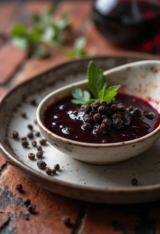 Sos de vin roșu cu piper negru servit