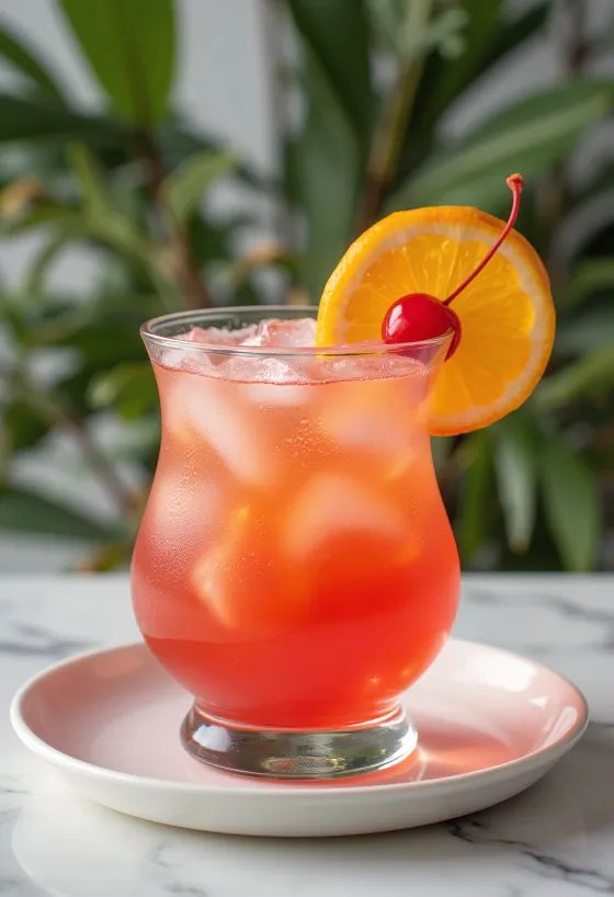 Cocktail Hurricane decorat cu felie de portocală și cireașă de cocktail