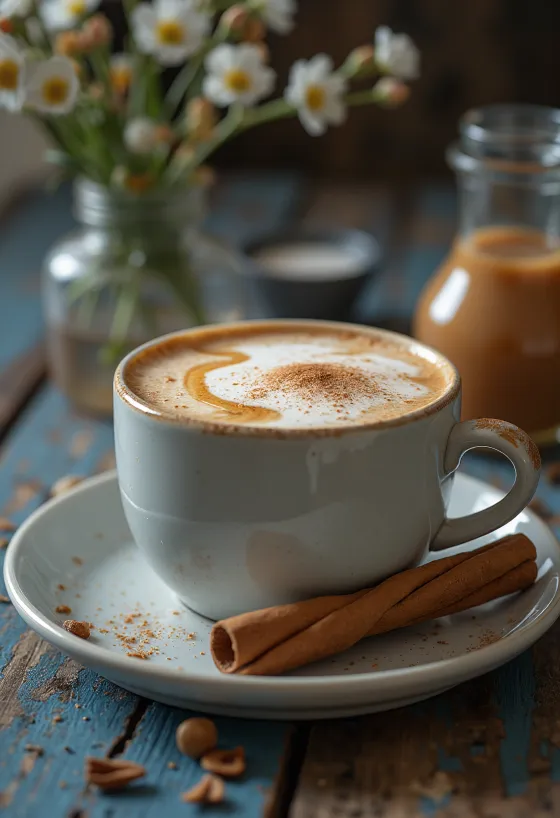 Chai latte cu caramel servit în pahar