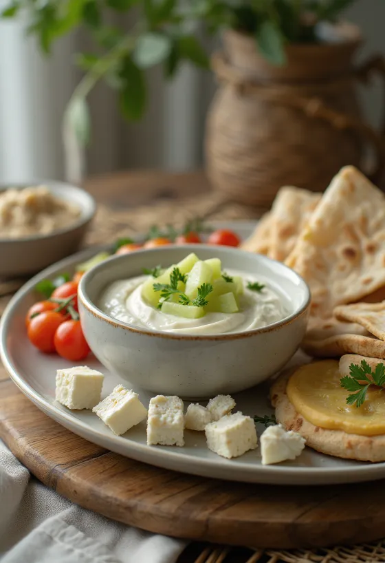 Platou proaspăt de meze cu tzatziki cremos, humus, brânză feta și legume
